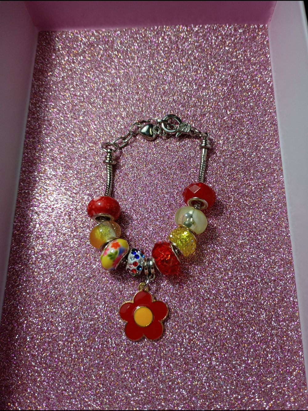 Pandora Style Red Flower Charm Bead Bracelet